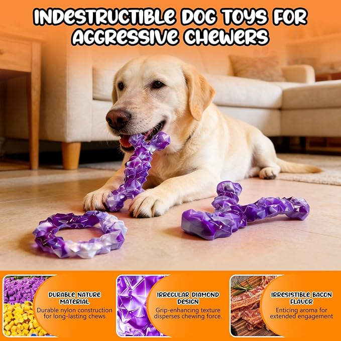 WOWBALA 3 Pack Dog Chew Toys for Aggressive Chewers,Indestructible Dog Toy for Medium Large Dogs, Chew Toys to Keep Dogs Busy,Super Chewer with Tough Nylon, Reduce Boredom & Anxiety（Bacon Flavored）