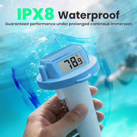 Pool Thermometer Floating, Digital Swimming Pool Thermometer, IPX8 Waterproof with Double Sided Display for Pond, Hot Tub, Aquarium (Light Blue, Battery Powered)