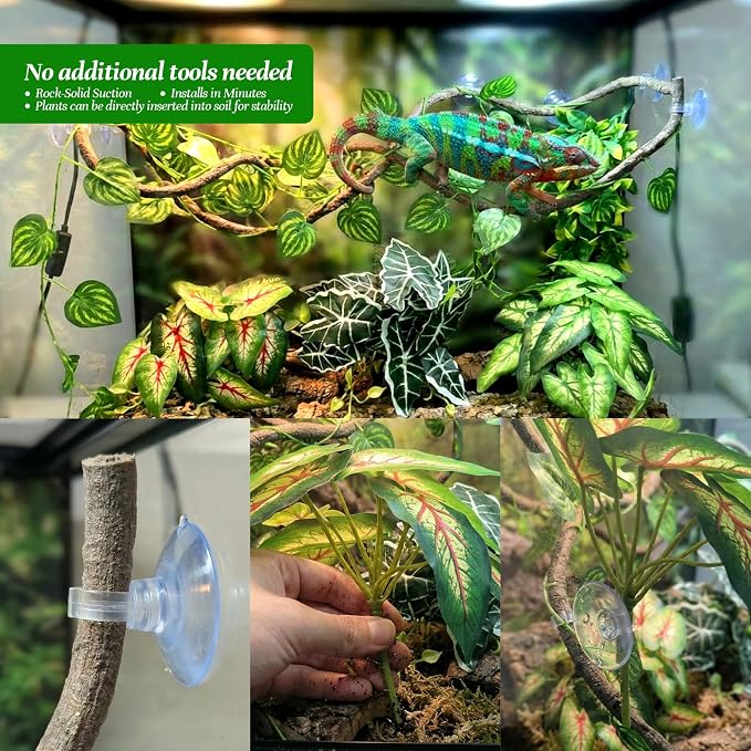 5 Pcs Reptile Plants & Habitat Decor Kit - 3 Artificial Plants & Large 3.3ft Jungle Vine Branch, TTerrarium Hanging Plants Vines for Crested Gecko, Leopard,Bearded Dragon, Lizard,Chameleon,Ball Python