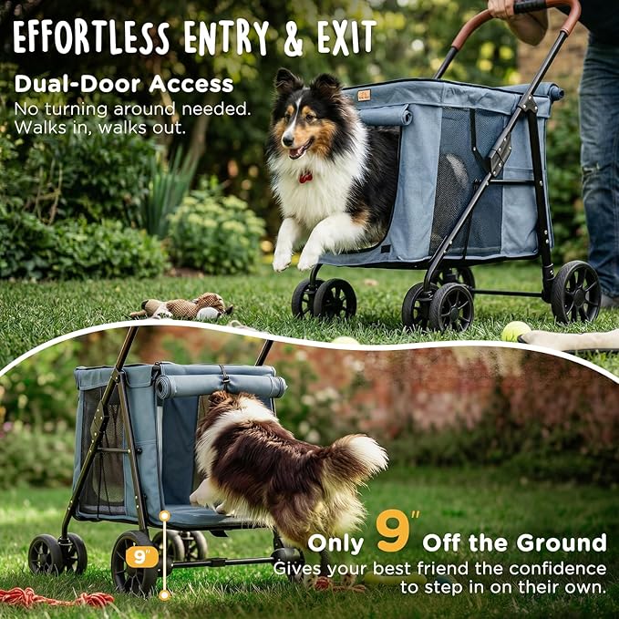 CANINE CANYON Scout Pet Stroller, Heavy Duty Dog Stroller for Large & Medium Dogs, Foldable Pet Stroller for 2 Dogs with All-Terrain Wheels, Storage Pocket & Cup Holder, 55 lbs Capacity, Grey