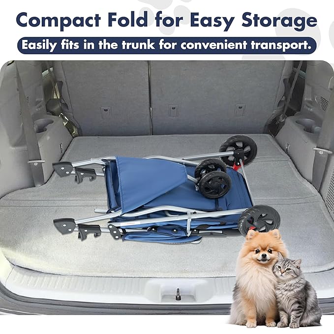 Smug 3 Wheels Pet Stroller, Dog and Cat Strollers with Storage Basket and Cup Holder, Lightweight Travel Carrier, Breathable, Waterproof and Foldable for Small Pets Outdoor Walk, Blue