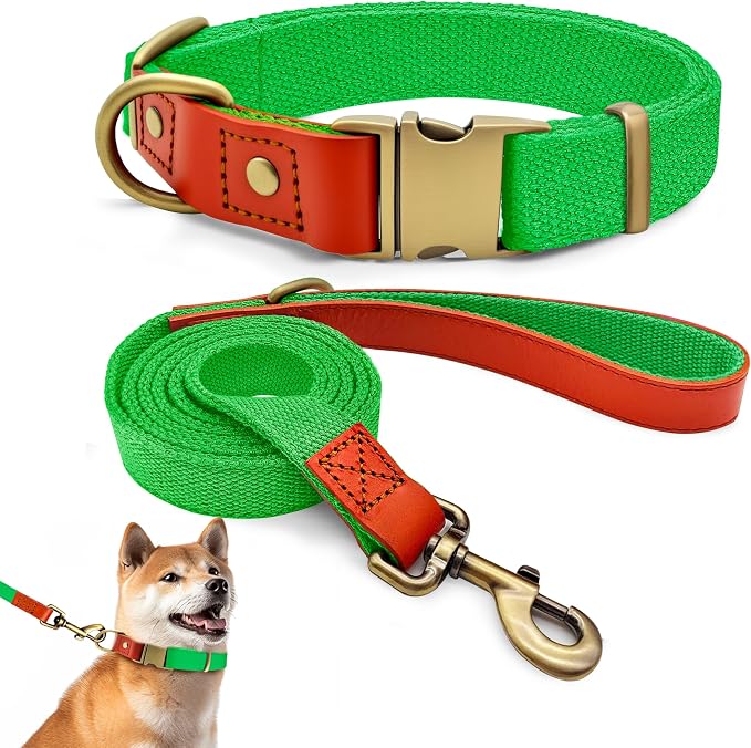 Dog Collar and Leash Set with Metal Quick Release Buckle, Adjustable, Breathable Nylon, Durable, Soft and Comfortable, No Pull for Walking and Training, Fluorescent Green, L (14.9"-22.8")