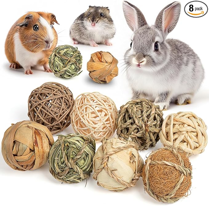 Sofier Rabbit Guinea Pig Bunny Toys 8 Pcs Chew Grass Balls Natural Chews for Rodents Teeth Handmade Enrichment Treats Chinchilla Guinea Pigs Rat Hamster Gerbil Mice