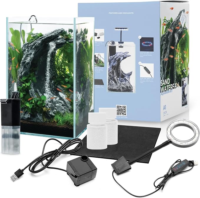 Sand Waterfall Tank Kit - Silent Operation Falling Sand Fish Tank w/LED Light and Self Cleaning Filtration - Desktop Rimless Starter Aquarium Kit, Just Add Plants - 3.38GAL | 12.8L (A1)