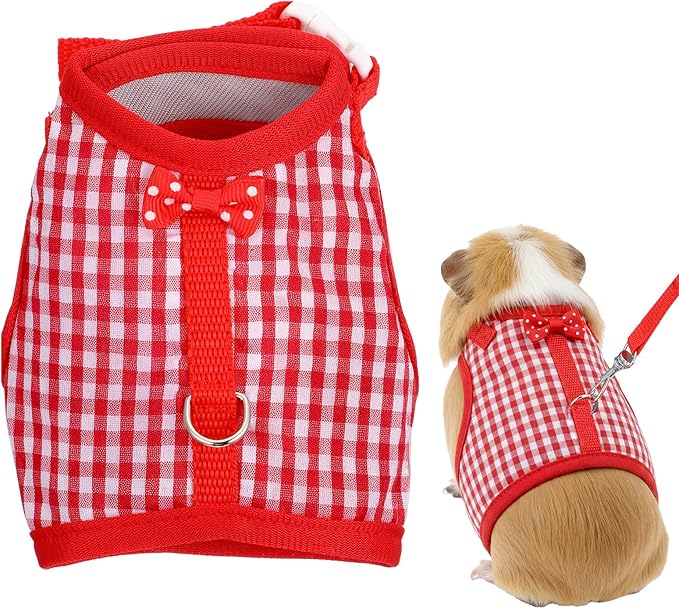 Guinea Pig Harness and Leash,Adjustable Guinea Pig Harness,Elastic Guineas Pigs Leash and Harnes,Ideal for Pet Hamster Squirrel Animals & Safe Pet Supervision(Red Plaid)