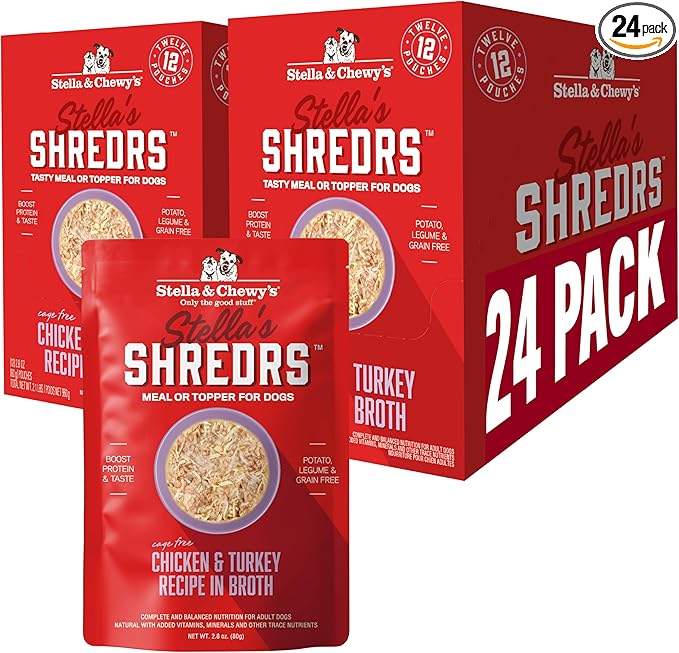 Stella & Chewy's Cage Free Chicken & Turkey Shredrs - Premium Dog Food Pouches - Perfect For Picky Eaters - 24 Pack, 2.8oz Each