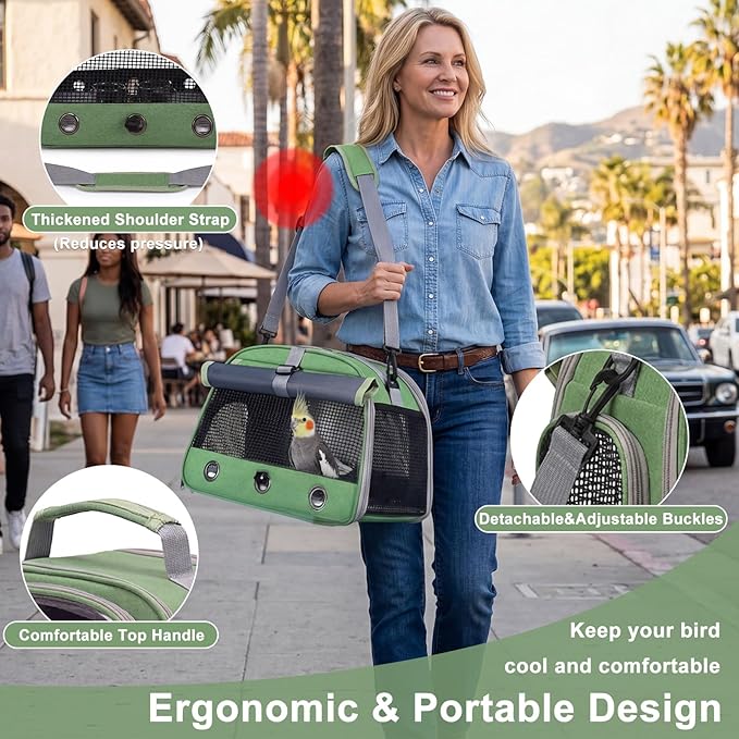 Bird Carrier, Lightweight Breathable Bird Backpack, Portable Wild Bird Carrier with Standing Perch for Parrot Travel Vet Visit (Green)