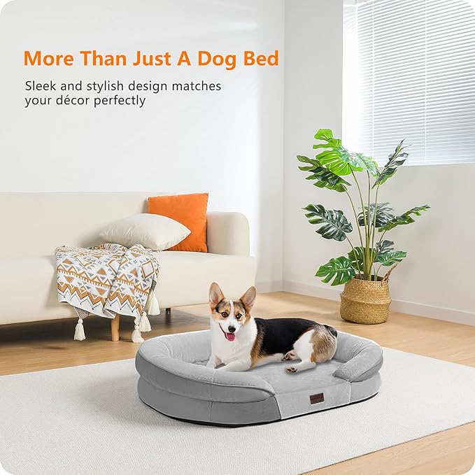 Dwanton Orthopedic Dog Bed for Medium Dogs with Gel Memory Foam, Waterproof Dog Sofa, Washable Pet Bed with Four Sided Bolster Cushion, Removable Cover & Non-Slip Bottom, 36", Light Gray