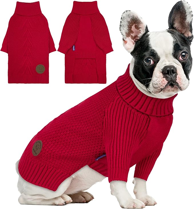 cyeollo Dog Christmas Sweaters for Medium Dogs Male, Stretchy Warm Turtleneck Doggy Clothes for Fall Winter, Thermal Knit Pet Apparel with Sleeves, Red XL
