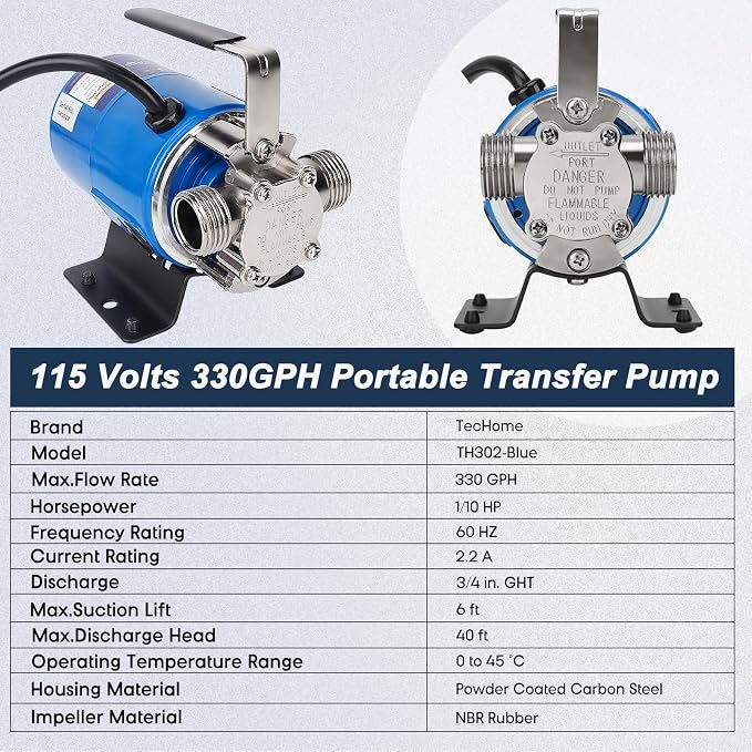 TecHome Water Pump Water Transfer Pump, 115V Electric Garden Hose Pump. | 1/10HP 330GPH , with Suction Hose Kit.