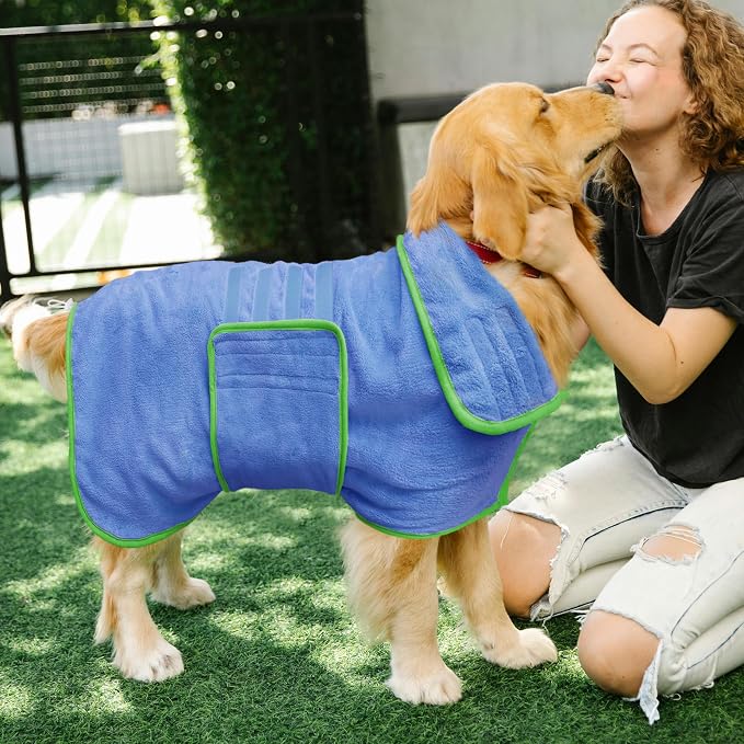 Soft Dog Bathrobe Fast Drying Dog Coat, Super Absorbent Dog Towels for After Bath, Microfiber Pet Robe Adjustable Collar & Belly Warm Keeping Dogs Coat for Pet Dogs & Cats (Blue, Large)