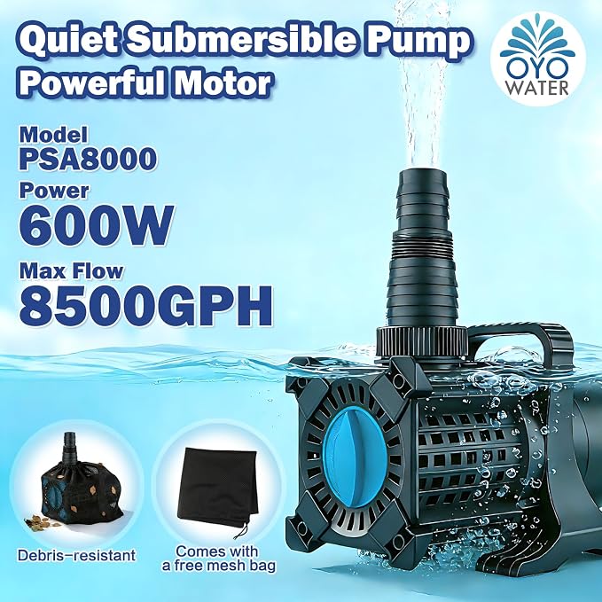 Pond Pump, 8000 GPH Adjustable Flow Submersible Water Pump with Filter Bag, UL-Listed, Copper Motor, IPX8 Waterproof 20.3ft Cord for Koi Pond, Fountain, Waterfall, Hydroponics, Irrigation