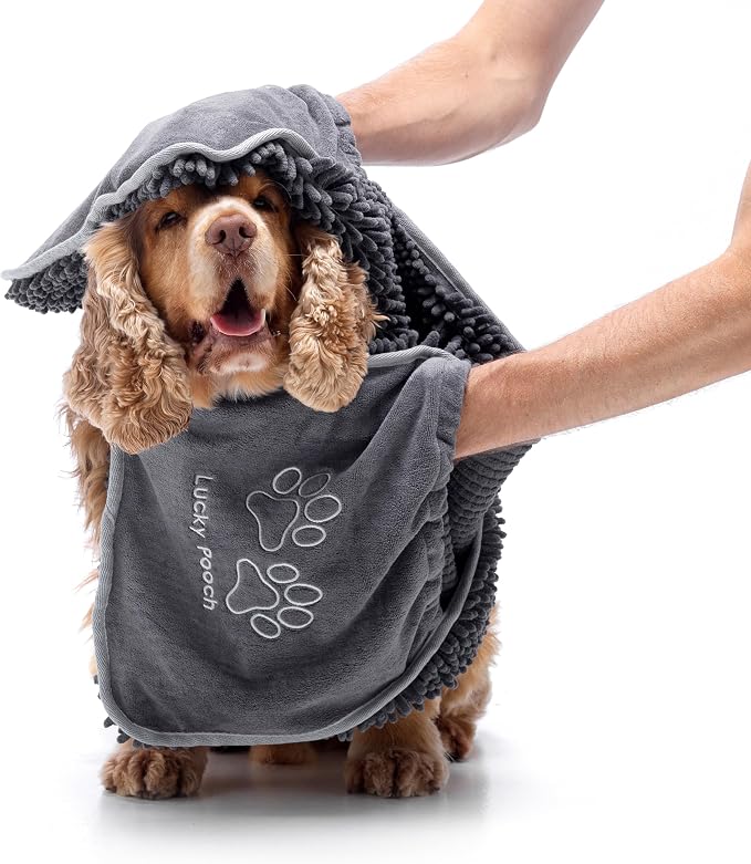 Lucky Pooch® Super Absorbent Shammy Dog Towel - Luxuriously Soft Hand Pockets – 34.5x12.5in – Quick Drying Microfiber Dog Bath Towel – Durable Towels for Drying Dogs (Pack of 1, Gray)
