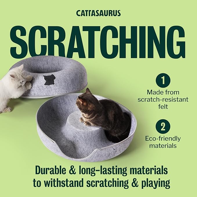 Cattasaurus Peekaboo Cat Cave Donut for Multiple & Large Cats up to 30-45 lbs, 3-in-1 Self Warming Cat Bed, Tunnel & Scratcher for Indoor Cats, Washable & Detachable Small Dog Bed (Light Gray, Large)