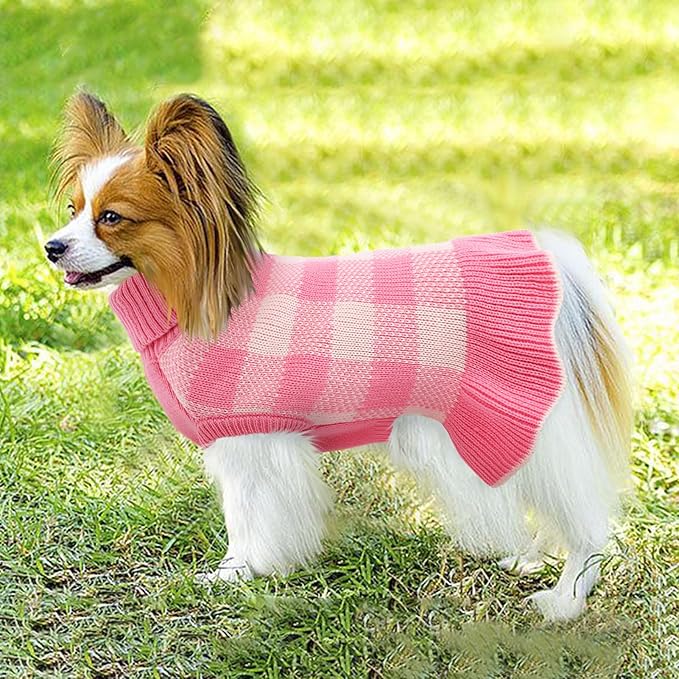Dog Sweater Dress Plaid Knitwear for Small Medium Dogs Warm Puppy Pet Turtleneck Stretch Pullover Cute Fall Winter Vest Clothes with Leash Hole for Christmas (Pink, XL)