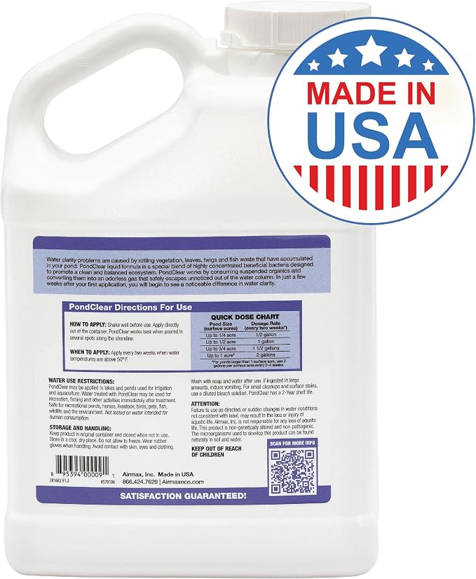 Airmax PondClear Liquid Bacteria Water Clarifier for Ponds & Lakes, 1 Gal | Natural bacteria treatment helps clear water, remove nutrients and noxious odor, and is safe for fish, pets, and plants