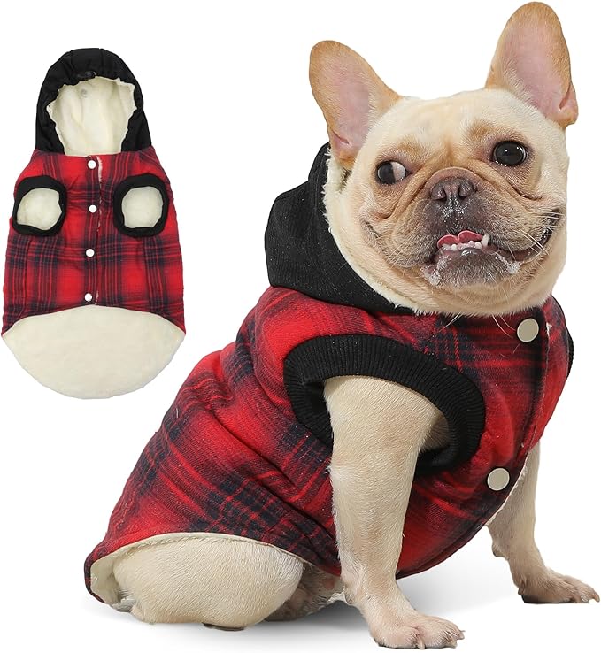 Vecomfy Fleece Lining Dog Hoodie for Medium Dogs Extra Warm Plaid Sweater with Drawstring Hooded Coats in Winter Puppy Jacket,Red L