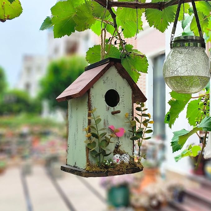 Wood Bird House for Outside, 10" H Hanging Bird House with Waterproof Metal Roof, Vintage Rustic Decorative Birdhouse Wooden Bird Nest Box for Outdoor Garden Yard Decorations (Light Green)