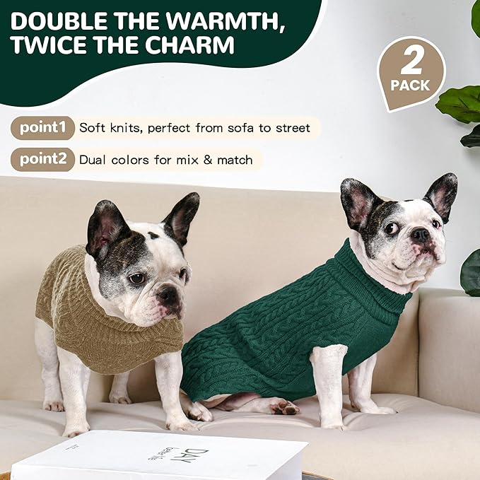 2 Pack Dog Sweaters for Medium Dogs Winter Turtleneck Pullover Cable Knit Fleece Stretch Frenchie Dachshund Pug Corgi Beagle Boy Girl Pet Clothes (M, Green & Brown)