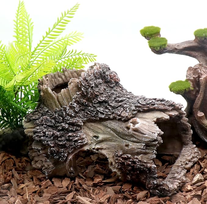 relaqcc Tree Trunk Cave Aquarium Decoration Reptile Cave Climb Hideout Hideaway, Betta Log Resin Wood House Fish Tank Decorations for Betta Fish, Shrimp, Lizards, Leopard Gecko