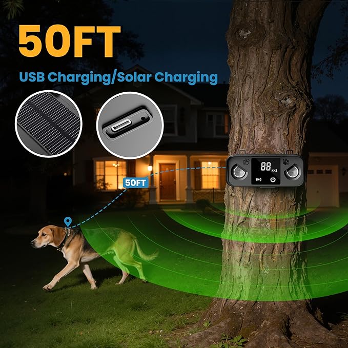 Anti Barking Devices for Dog, Solar Ultrasonic Dog Bark Deterrent Devices,Outdoor Waterproof Bark Deterrent with 50ft Range for Indoor/Outside Use