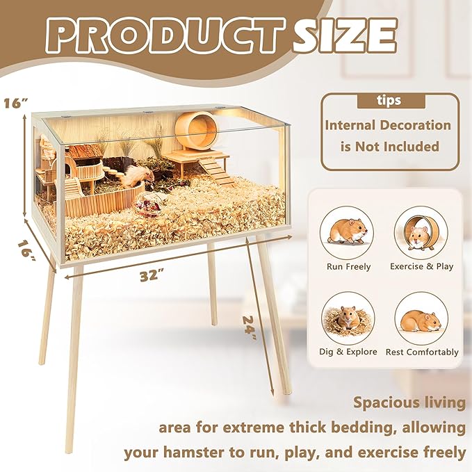 PROLEE Hamster Cage with Legs, Guinea Pig Cages Chew Proof, Hamster House, Hamster Cages and Habitats with Lockable Design, Small Animal Cage, 32" L x 16" W x 40" H