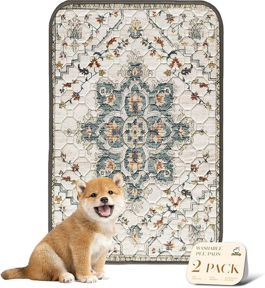 nunubaby Washable Pee Pads for Dogs, Stylish, Non-Slip and Leak-Proof Pee Pads. Reusable Potty Pads for Dogs for Crates and Floors.(Beige/Floral, 24" x36" )