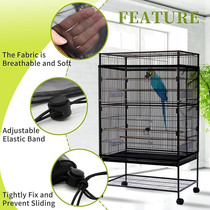 Daoeny 2PCS Bird Cage Seed Catcher, Large Bird Cage Cover, Adjustable Soft Airy Nylon Mesh, Birdcage Cover Skirt Seed Guard for Parrot Parakeet Macaw Round Square Cages (Black & White)
