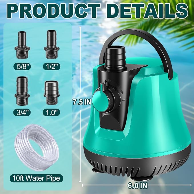 RovPool Sump Pump Submersible, Adjustable Pool Cover Pump Above Ground | Portable Electric Water Removal Pump with 10ft Hose, 4 Adapters Water Pump for Pool Draining,Fish Tank,Pond, 950GPH