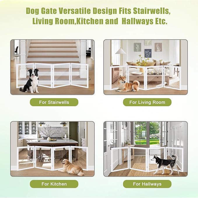 LZRS Extra-Wide Clear Dog Gate for Indoor Use - Transparent Pet Fence with Solid Hardwood and Plastic Board, Stylish & Durable freestanding Pet Gate for Doorways, Stairs and Hallways-4 Panel White