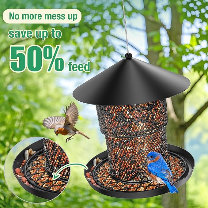 Bird Feeder for Outdoor Hanging, No Mess No Spill - Birdfeeder for Outdoor, Squirrel Proof Bird Feeder w/Catch Tray - Large Capacity All-Metal for Outside Hanging