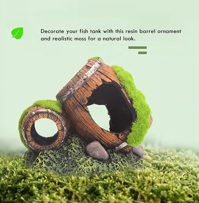 Moss-Covered Twin Broken Barrels Aquarium Decor – Resin Fish Tank Hideout with Artificial Moss for Betta, Shrimp & Small Fish