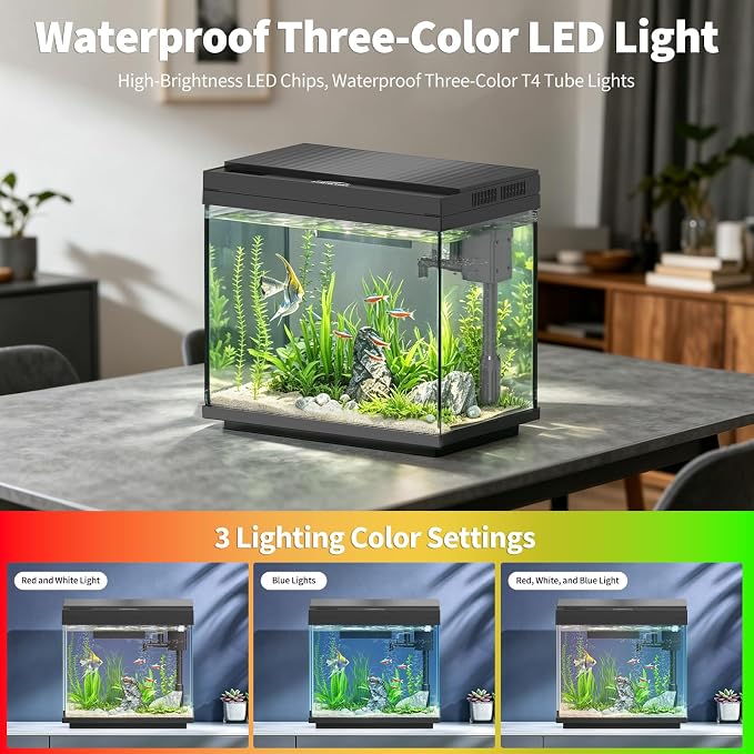 3 Gal Glass Fish Tank Kit with Filter & Light | 3-Gallon Capacity，No Setup Required，2-Stage Filter，Ultra-Quiet Operation，3-Level Adjustable Light，180° Flip Lid，Feeding port