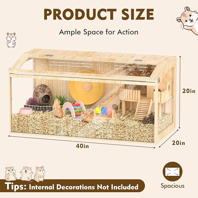 XiaZ Large Hamster Cage,40 Inch Wooden Hamster Cage with Panoramic View and Ventilated Top, Spacious Acrylic Glass Habitat for Syrian Dwarf Hamsters and Degus, Natural Wood Frame Enclosure