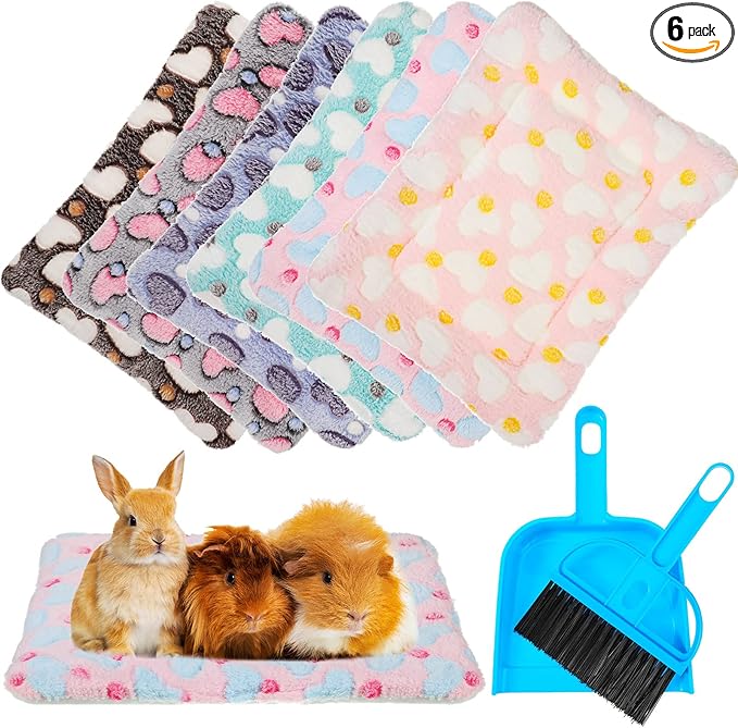Yulejo 6 Pieces Guinea Pig Bed Plush Hamster Mat Bunny Bed Small Animal Sleeping Bedding Pads with Cleaning Dustpan Brush for Chinchilla Squirrel Hedgehog Small Animals (Vivid Color, Heart)