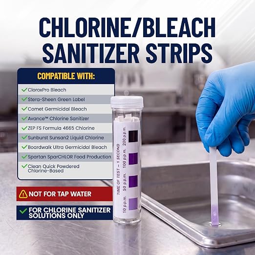Chlorine Test Strips for Restaurants & Food Services, 4 x Vial of 100 Sanitizer Testing Kits, Precise Bleach Test Strips, 0-200 PPM Testing Kit for Sanitizing Solutions by FryOilSaver Co. FMP 142-1362