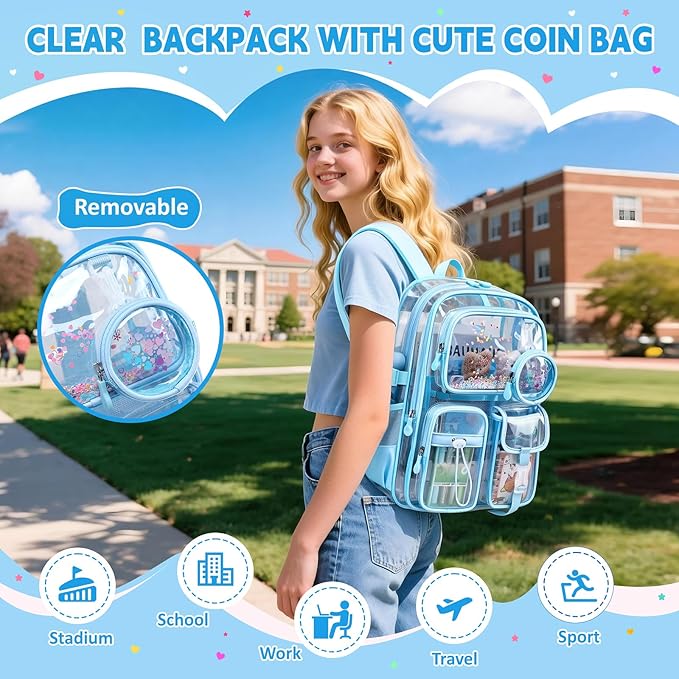 Clear Backpacks for Stadium Events Heavy Duty Clear Bookbag for School Girls Transparent Back Pack, Blue