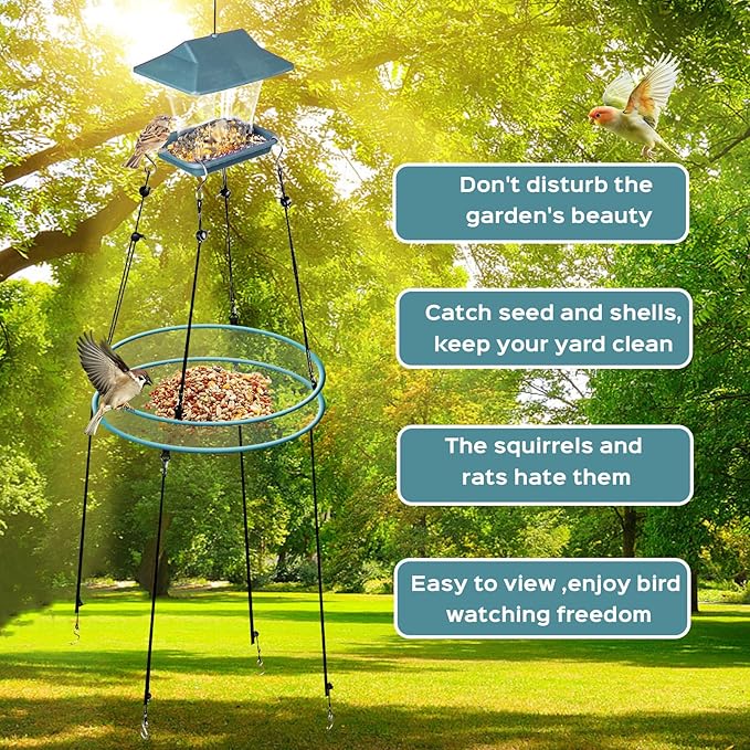Bird Seed Catcher for Outdoor Feeders,Wind Rope and Metal Ground Anchors, Birdfeeder Tray for Garden,Lawn,Backyard,Balcony(Gray Net and Grass Green Edge,20 Inch,1set)