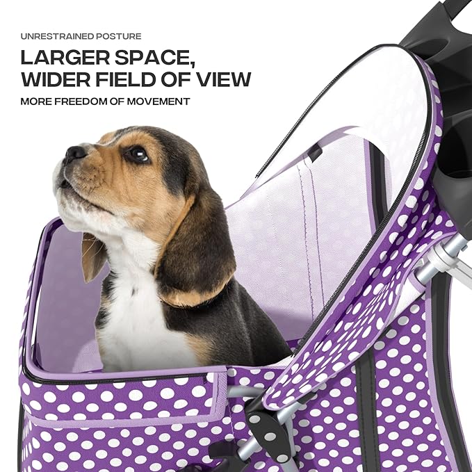 Pet Stroller for Small Dogs 10 lbs, Dog Stroller for Medium Dogs 30 lbs, Cat Strollers for 2 Cats, 3 Wheels Foldable Jogger Puppy Stroller with Storage Basket and Cup Holder, Purple Polka Dots