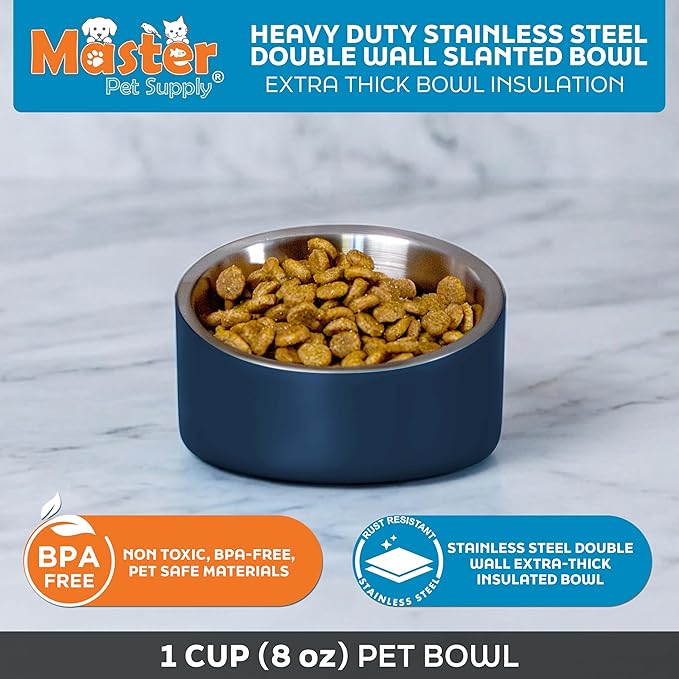 Master Pet Supply Stainless Steel Slanted Dog Cat Food Bowl - 8 oz Heavy Duty - Navy Blue, Double Wall Insulated, Non-Slip Elevated Bowl for French Bulldogs Pugs Cats, Anti Rust Dishwasher Safe