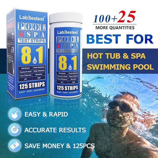 Salt Pool Test Strips Salt Water Pool Testing Kit (8-Way) | 125 Spa Hot Tub Test Strips Saltwater Pool Test Kit - Rapid Accurate Easy to Test Hardness, Bromine, pH, Salt and More
