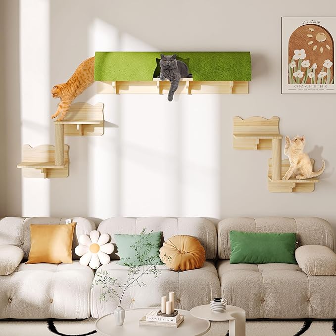 7-in-1 Cat Wall Shelves, Multi-Level Solid Wood Cat Furniture for Wall, Floating Cats Wall Shelves Set, Cat Climbing Wall Systems with Scratching Post and Tunnel, Burlywood