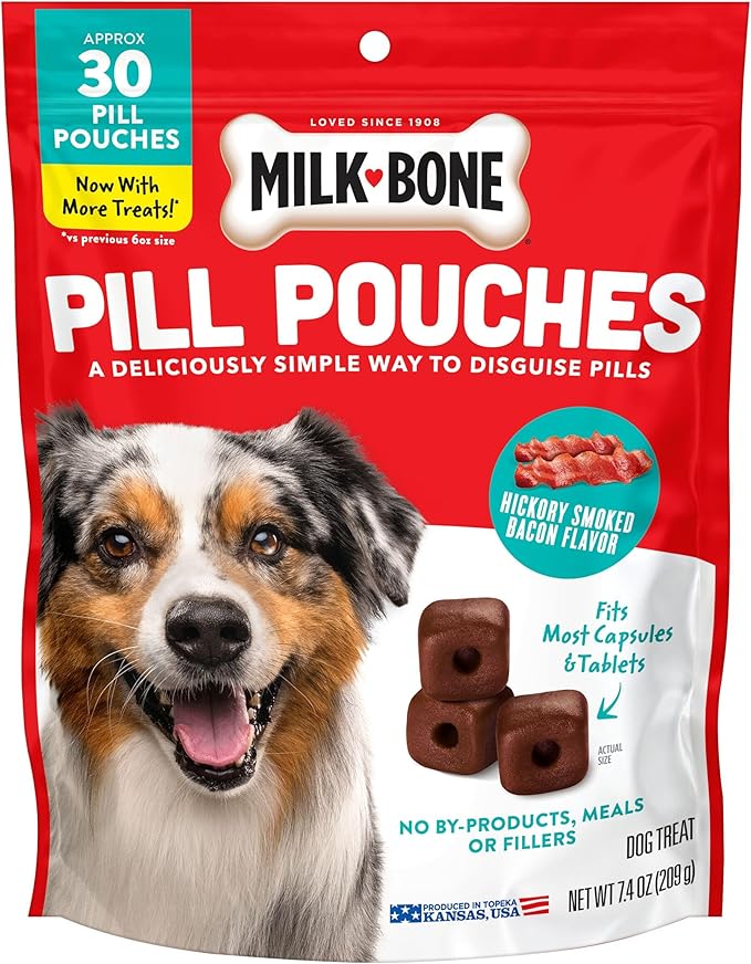 Milk-Bone Pill Pouches Dog Treats, Hickory Smoked Bacon Flavor, 30 Count Bags