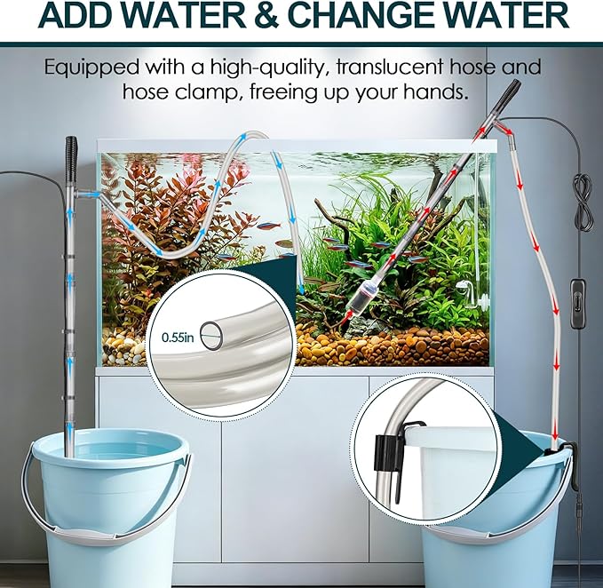 hygger Electric Aquarium Gravel Cleaner, 528GPH Fish Tank Vacuum, 5-in-1 Automatic Sand Washer Water Changer Cleaning Kit for Freshwater Saltwater, Adjustable Length Handle Tube,Hose, Clamp