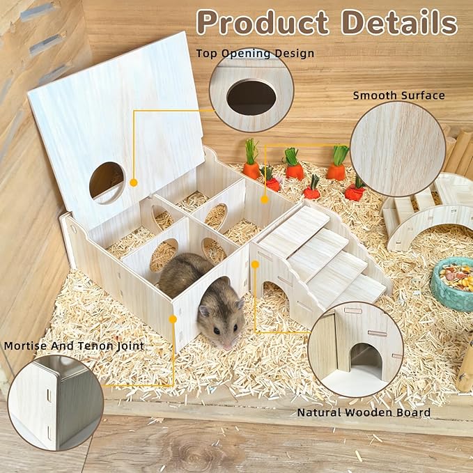 kathson Wooden Hamster Maze Tunnel Toy with Cover, Wooden Hamster Hideout Multi Chamber Exploring Toy Small Animal Tubes & Tunnels for Gerbil Rat Mice