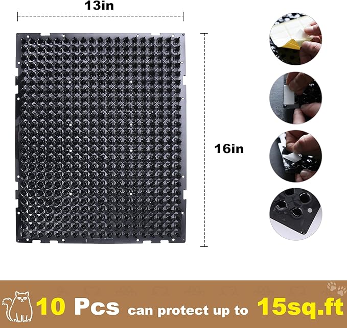 10 Packs Scat Mat for Cats, 13X16 inches Pet Deterrent Spikes, Indoor Outdoor Humane Cat Repellent Fence (Black)