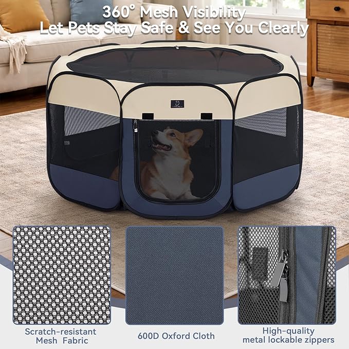 Dog Playpen for Small Dogs & Puppies, 29.92" Portable Indoor Outdoor Puppy Playpen with Bowl, Waterproof Floor, Foldable Pop-Up Pet Pen for Home, Travel & Daily Use, Blue+Beige