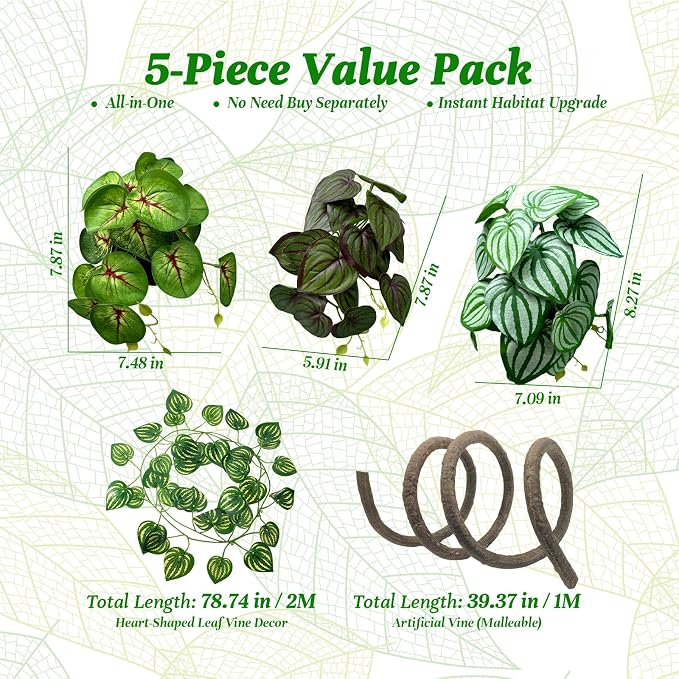 5 Pcs Reptile Plants & Habitat Decor Kit - Artificial Plants & Large 3.3ft Jungle Vine Branch, Artificial Leaves with Suction Cup Tank Decor Accessories for Crested Gecko, Lizard, Snake,Forg,Tortoise