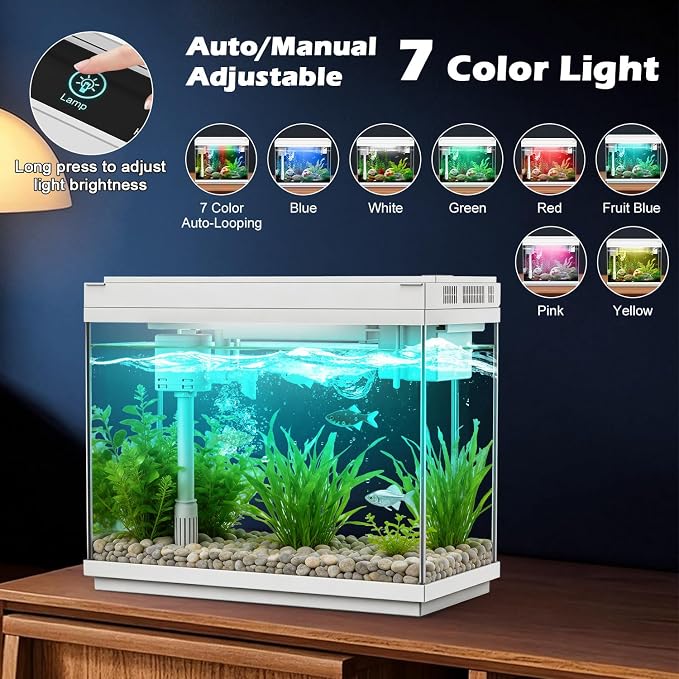 Smart Aquarium Fish Tank with Silent Water Pump, 2.4 Gallon Small Aquarium with Quick Start Kit, Temperature Display, Humidifier and RGB Lights, Perfect for Home, Office, and Decor, White