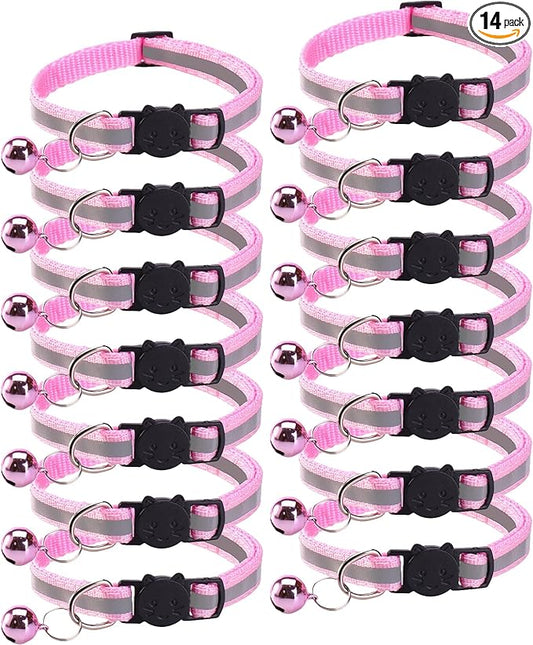 14 Pack Breakaway Cat Collar with Bell, Reflective Kitten Collar for Girl Boy Cats, Safety Buckle Adjustable 7.5-12.5 Inch, 0.4 Inch Width Lightweight, Pet Gifts (Pink)